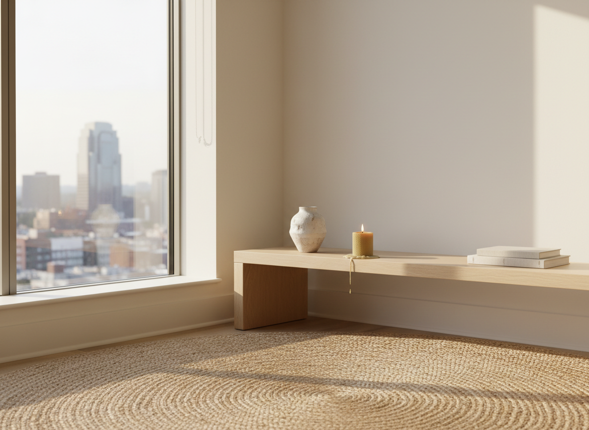 A meticulously curated living room corner in a Cincinnati home, featuring a low, pale oak console with a single ceramic vase, one lit beeswax candle, and a neatly stacked pair of linen-bound journals. The walls are a soft warm white, free of distractions, with a single large window revealing a hint of urban skyline in the hazy distance. Late-afternoon natural light pours in, casting long, gentle shadows across a natural jute rug. Photographic realism at eye level, with a shallow depth of field that softly blurs the background, conveying a serene, sophisticated mood of physical and emotional decluttering and restored calm.