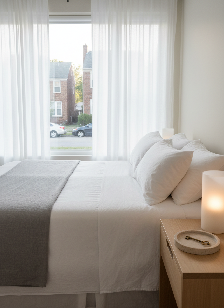 A bedroom sanctuary in photographic realism, showcasing a perfectly made bed with crisp white organic cotton linens and a dove-gray linen throw folded with intention at the foot. A smooth wooden nightstand holds only a small stone tray with a single key and a minimalist frosted-glass lamp. Beyond sheer curtains, the faint outline of a Cincinnati neighborhood street is visible in soft focus. Morning light diffuses through the fabric, bathing the room in a tranquil glow. Shot from a slightly elevated angle, the uncluttered composition and neutral palette evoke mental clarity, balance, and a sense of deep restfulness.